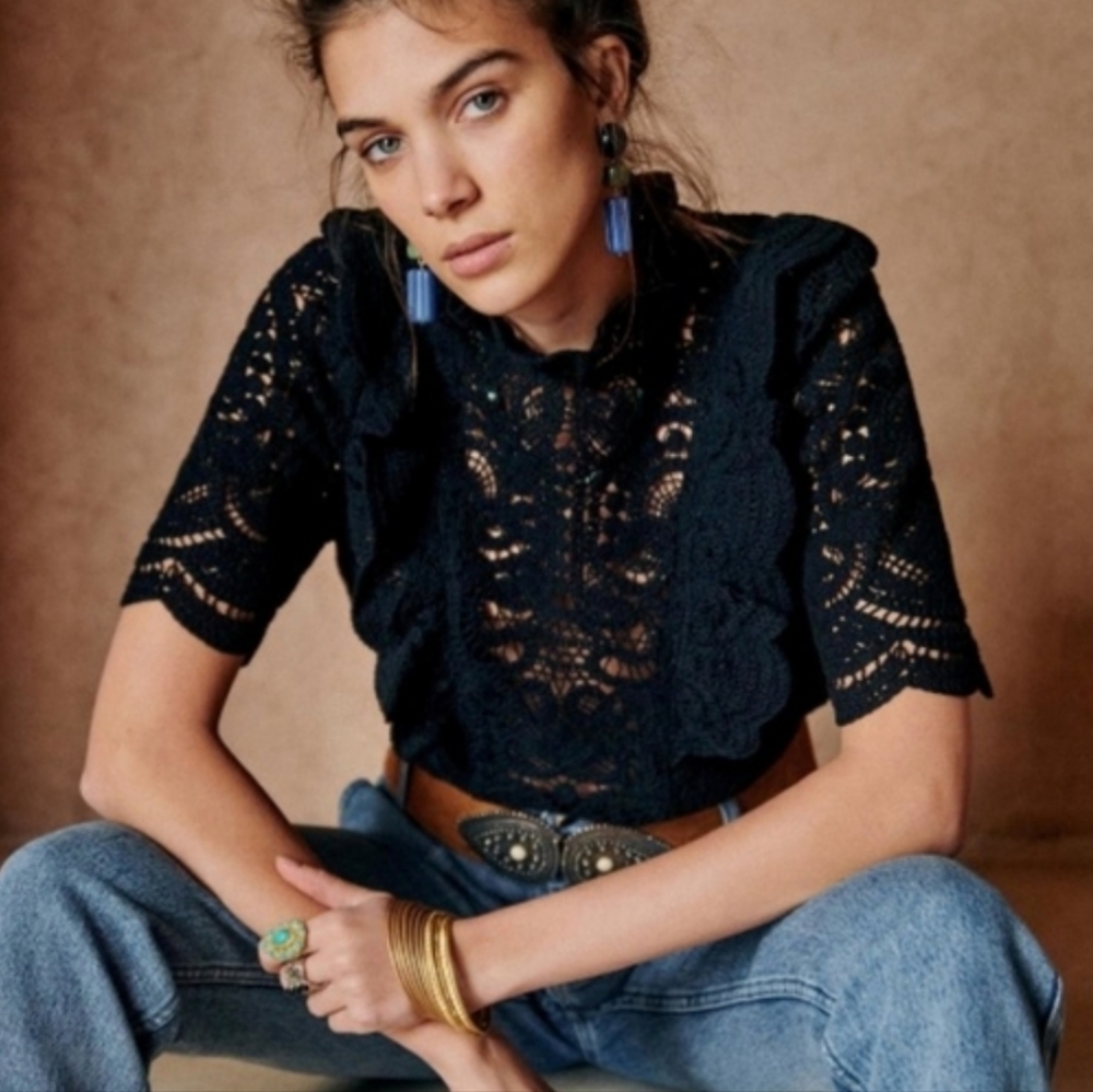 Sezane Pauletta Blouse Black US 4 Fr 36 NWT